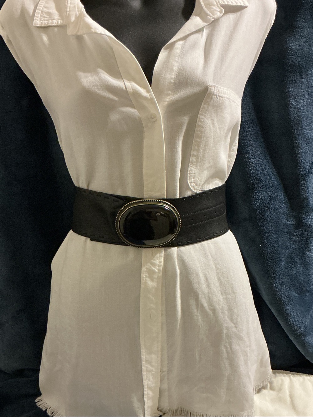 Black Wide Waist Belt with Glossy Oval Buckle